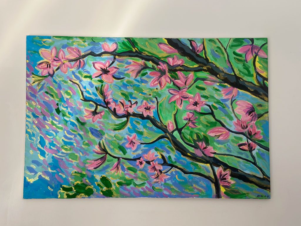 Sakura in spring was inspired by impressionist Erin Hanson, with gold and green hues reflecting the unique colours of Otago. 
